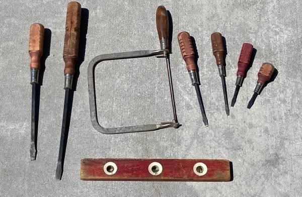 Vintage Set of 8 Wood Handled Tools - Saw Screwdriver Level.jpg