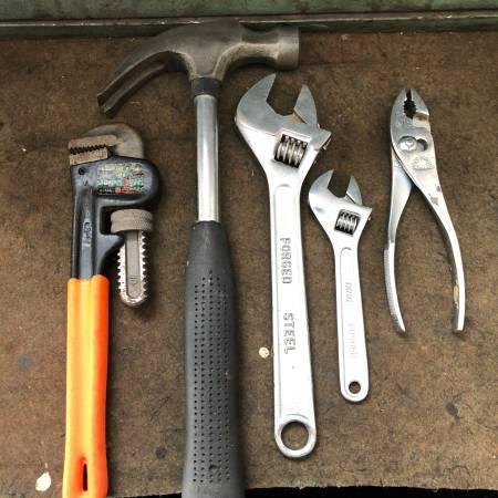 Pipe Wrench, 2 Crescent Wrenches, Steel Hammer.jpg